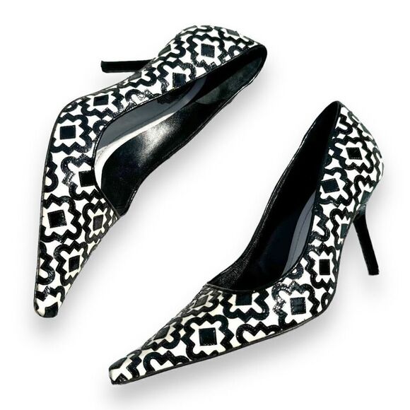 Rene Caovilla Black White Pattern Patent Leather Pointed Toe Heels Women’s Sz 38 - Picture 3 of 8